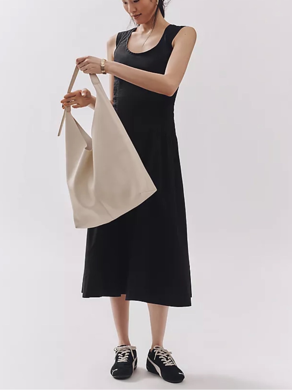 Anthropologie Cotton Sleeveless Scoop-Neck Midi Dress Black Rear Zipper-XL - Picture 2 of 11